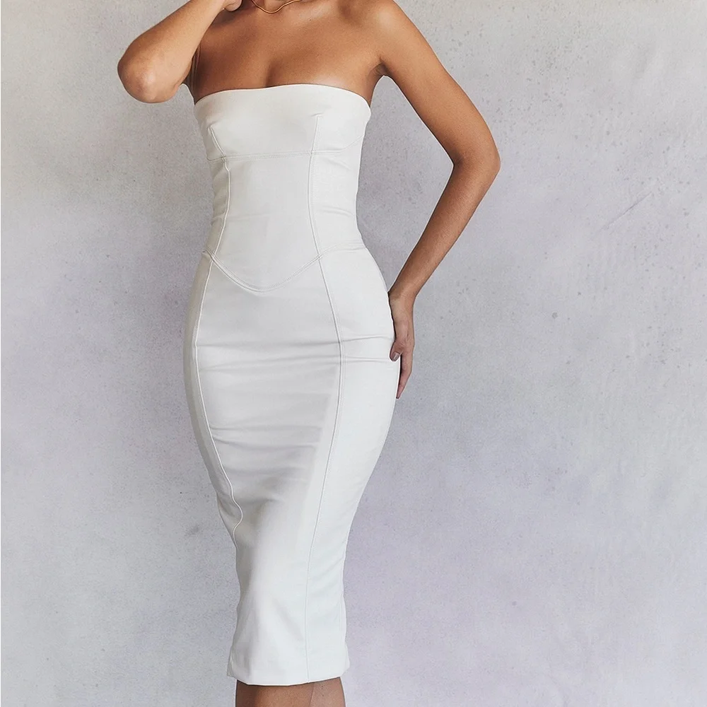 HOUSE OF CB 'Camilla' Ivory Vegan Leather Strapless Dress NWOT - Picture 9 of 15